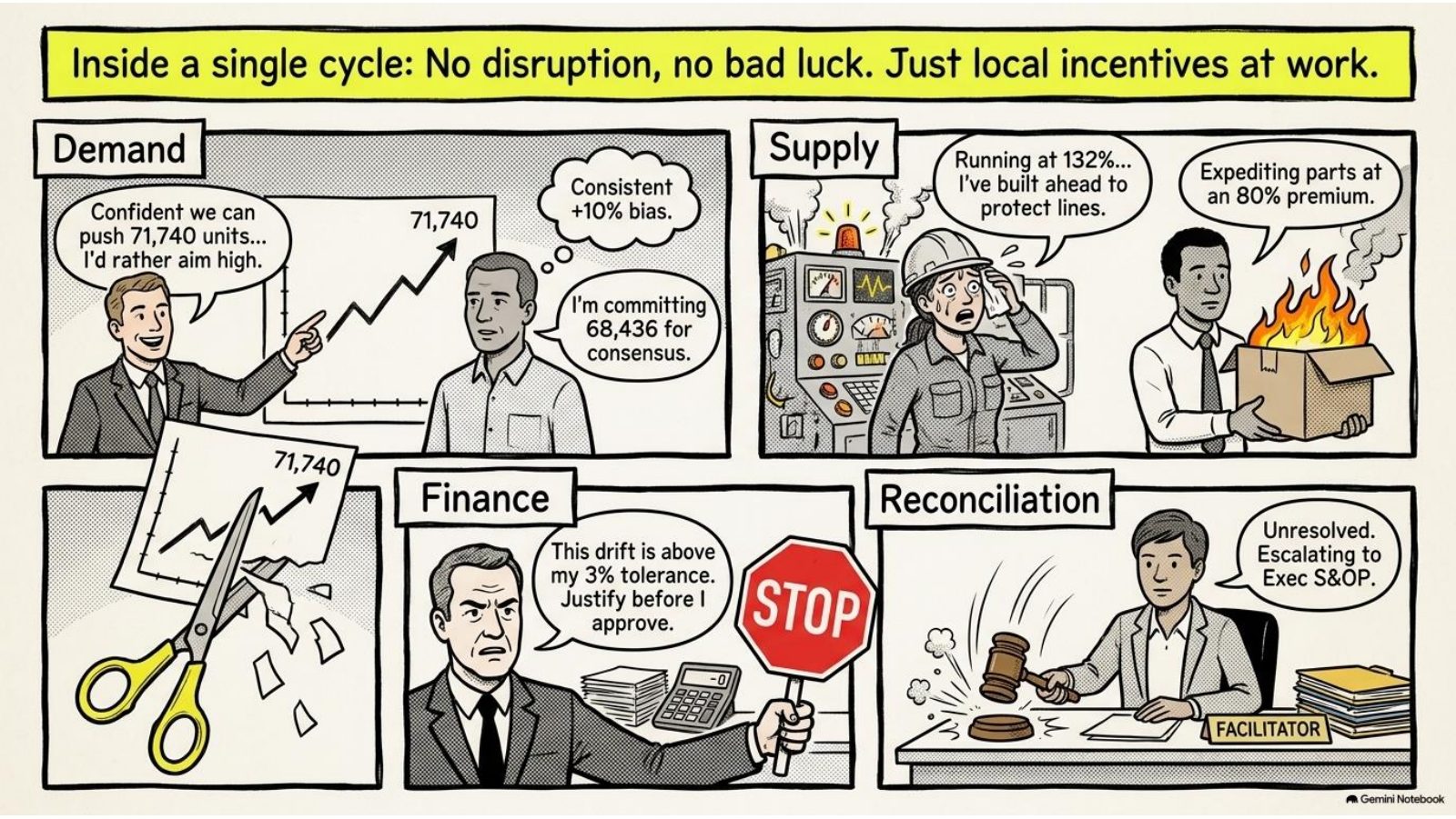 Comic of a single S&OP cycle driven by local incentives