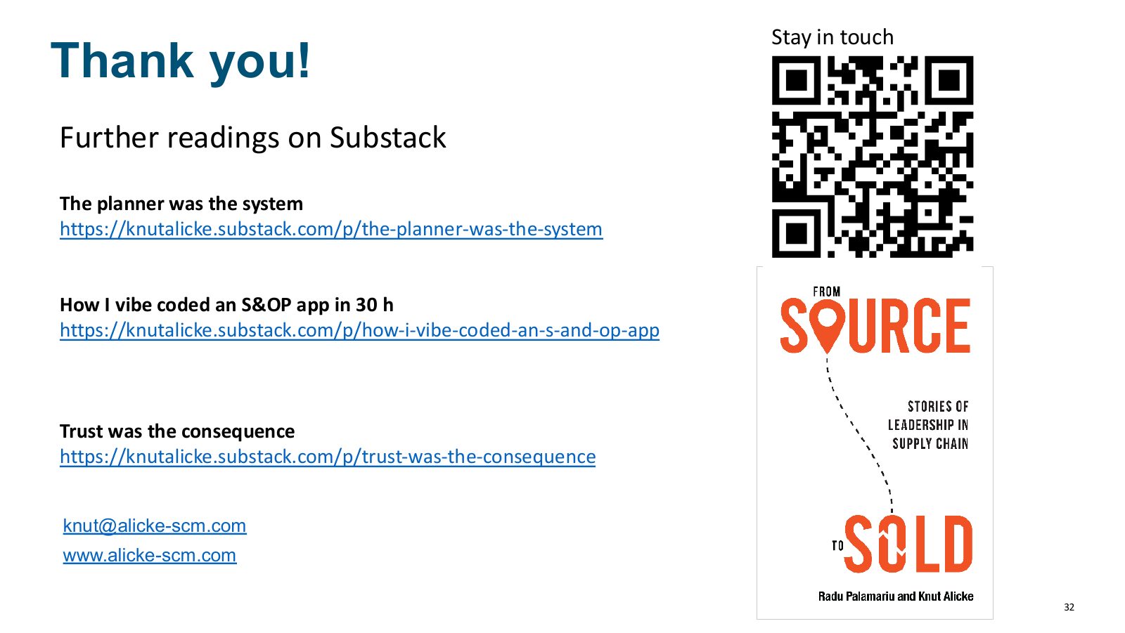 Thank you slide with further reading and the book From Source to Sold