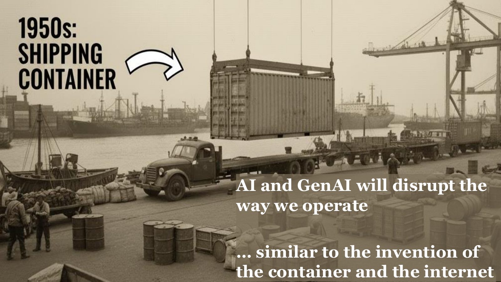 1950s shipping container being loaded in a port