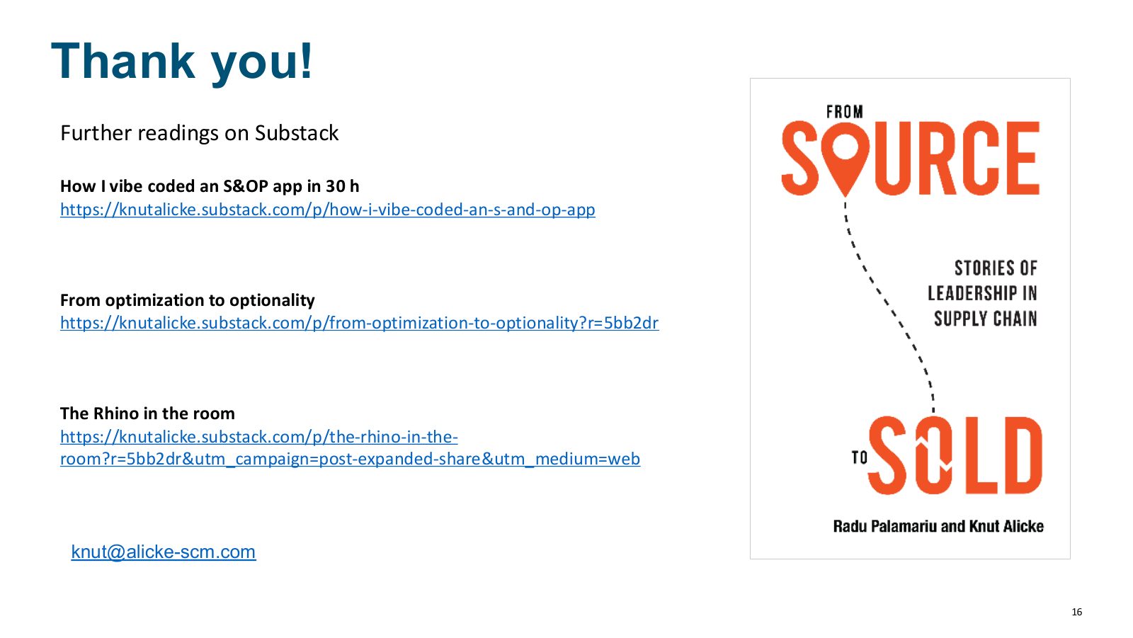Thank you slide with further reading on Substack