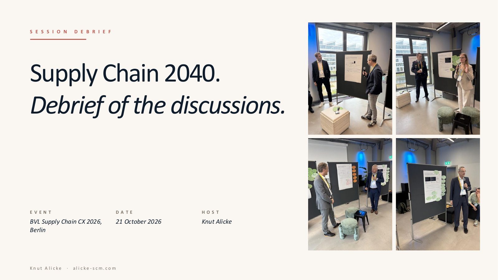 Title slide: Supply Chain 2040, what the room put on the wall, BVL Supply Chain CX 2026 in Berlin